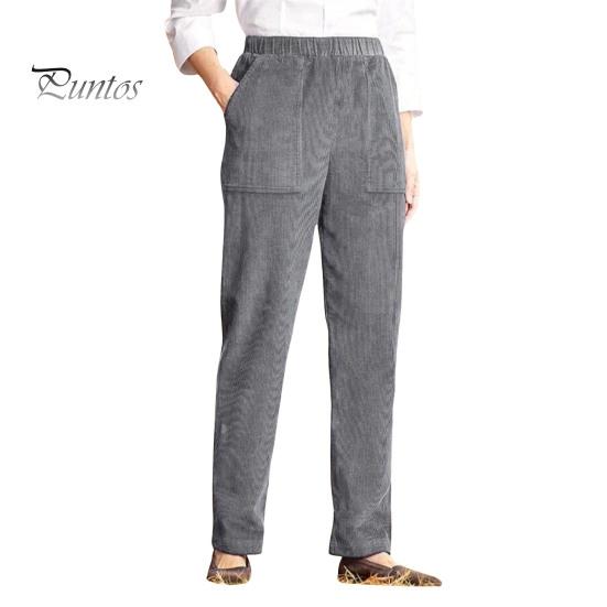 Вельветовые повседневные брюки с эластичным поясом, женские длинные брюки с карманами, однотонные прямые брюки для поездок на работу и работы в офис M серый