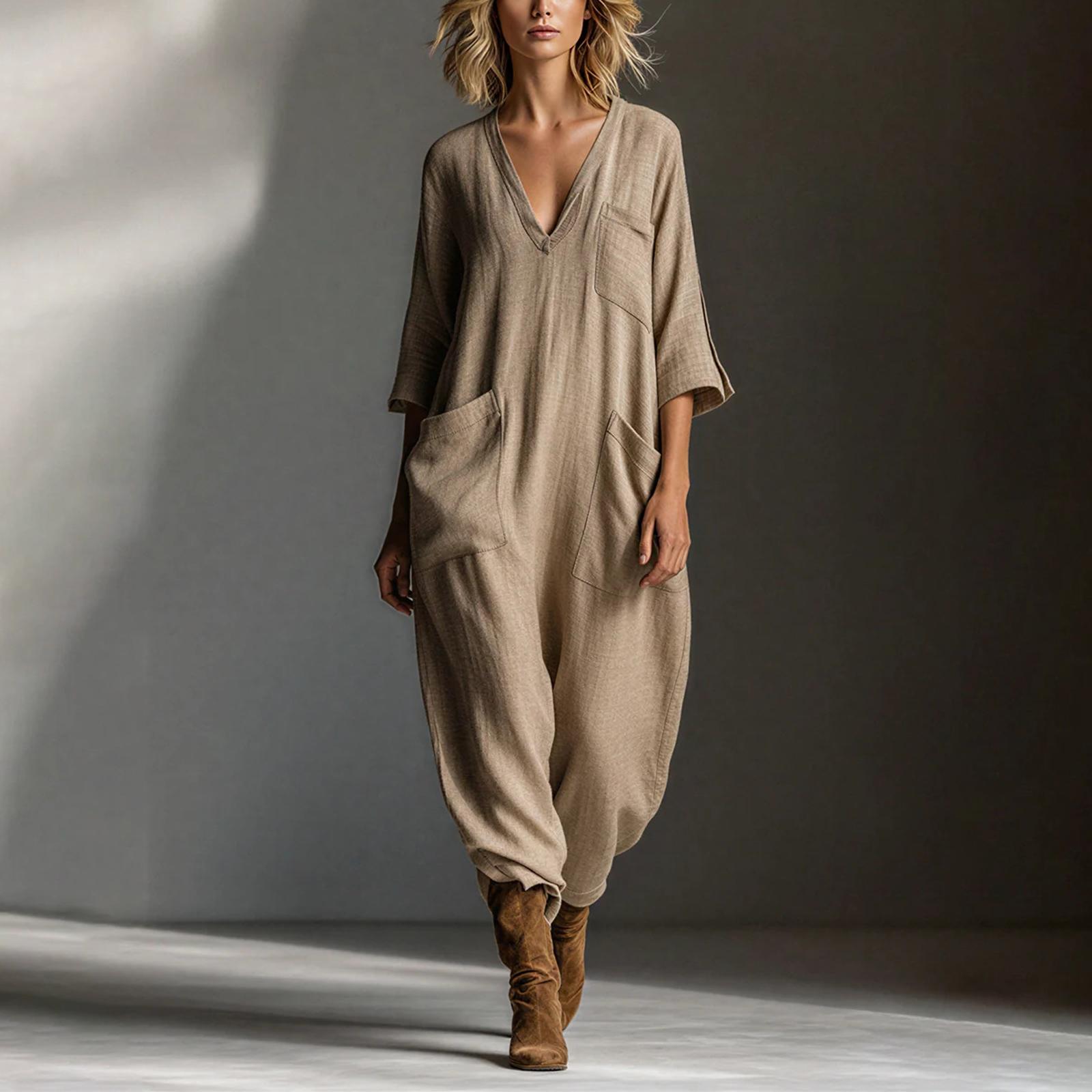 Жіночий модний та повсякденний комбінезон на ґудзиках з V-подібним вирізом, з кишенями та рукавом три чверті S хакі
Жіночий модний та повсякденний комбінезон на ґудзиках з V-подібним вирізом, з кишенями та рукавом три чверті S хакі