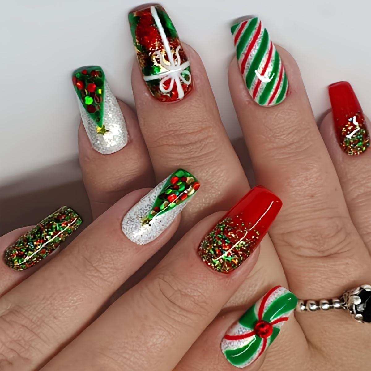Sparkling Christmas Press 24pcs-On Nails Set - Red & Green Striped, Medium Ballet Shape With Glitter Accents, Includes Jelly Adhesive & Nail File Imported ABS
Sparkling Christmas Press 24pcs-On Nails Set - Red & Green Striped, Medium Ballet Shape With Glitter Accents, Includes Jelly Adhesive & Nail File Imported ABS