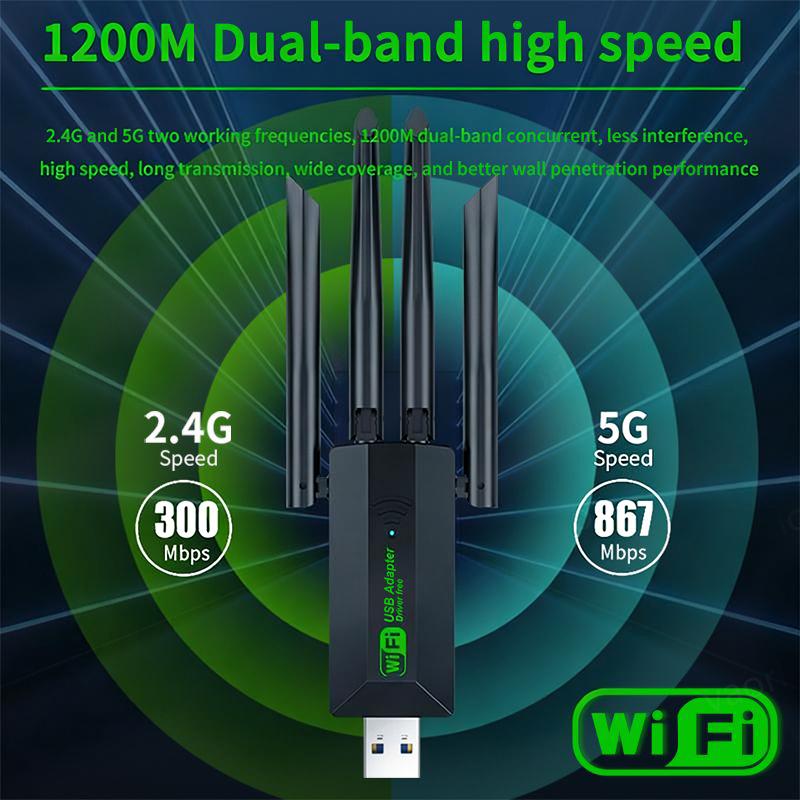 1200Mbps Wifi Usb Adapter Dual Band 2.4G+5Ghz Wi-Fi Dongle 4 Antenna 802.11Ac Usb3.0 High-Speed Wireless Card Receiver Pc/Laptop one size
1200Mbps Wifi Usb Adapter Dual Band 2.4G+5Ghz Wi-Fi Dongle 4 Antenna 802.11Ac Usb3.0 High-Speed Wireless Card Receiver Pc/Laptop one size