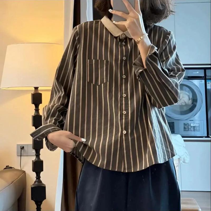 Контрастная рубашка с лацканами в полоску, осенняя, новая мода, ретро, Evergrande, с длинным рукавом, женская L коричневый
Контрастная рубашка с лацканами в полоску, осенняя, новая мода, ретро, Evergrande, с длинным рукавом, женская L коричневый