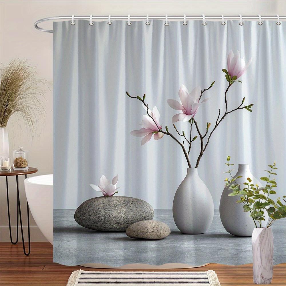 1 Elegant White Magnolia Shower Curtain, Matte Finish, Ceramic Vase And Pink Flowers Design, Polyester Fabric, With Hooks W60H190(CM)-1 Pcs
1 Elegant White Magnolia Shower Curtain, Matte Finish, Ceramic Vase And Pink Flowers Design, Polyester Fabric, With Hooks W60H190(CM)-1 Pcs