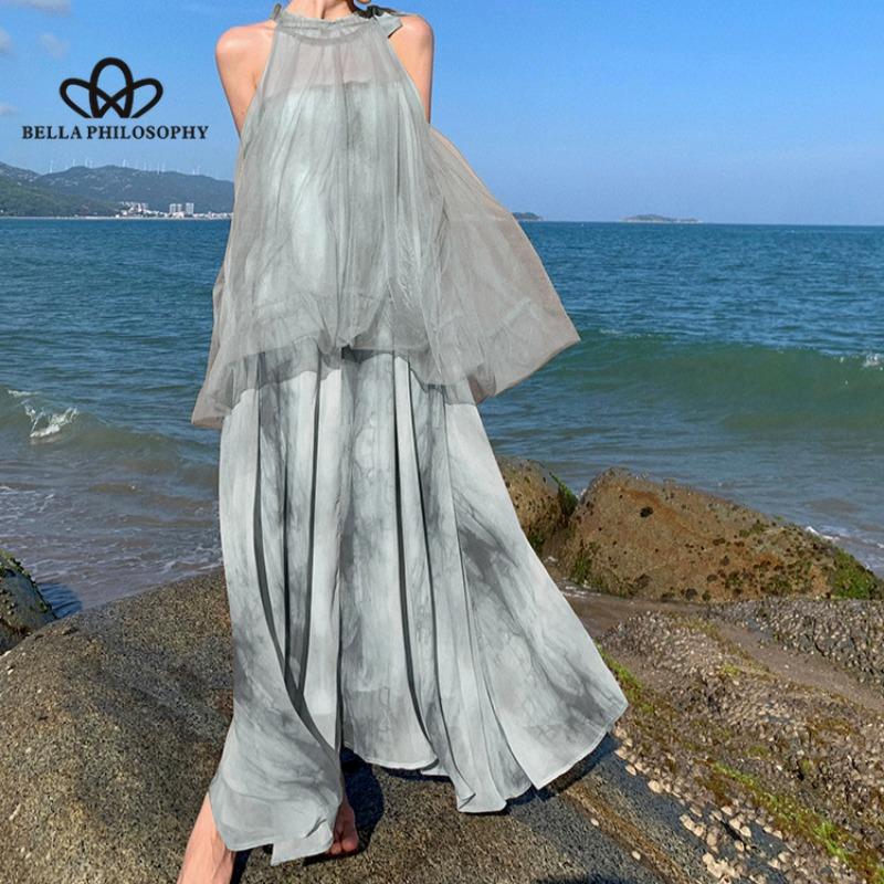 Сетчатое висячие шеи, утреннее платье, юбка, сказочное пляжное платье с веером, длинное платье, струящееся длинное платье в повседневном стиле L светло-зеленый