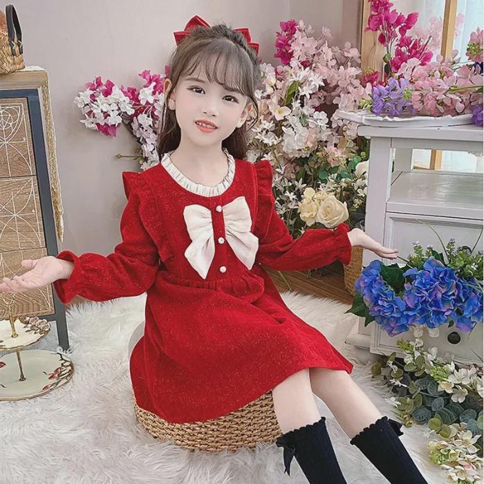 Стильное платье принцессы: Милая осенняя вельветовая юбка с бантом для девочек 130 cm красный