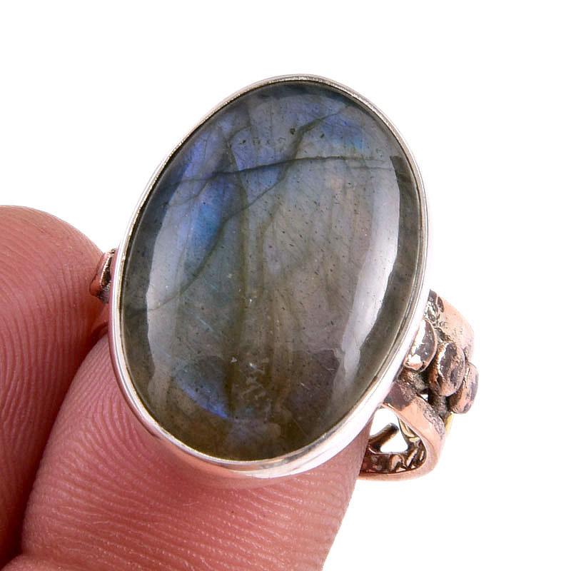 Natural Labradorite Gemstone Handmade 925 Sterling Silver Two Tone Ring S.9 L4o44