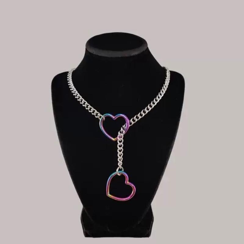 Y2K Серебряное колье-лариат с подвеской в виде звезды, кольцом O и открытым сердцем для женщин, панк-рок, кубинская цепь, Y-аксессуары