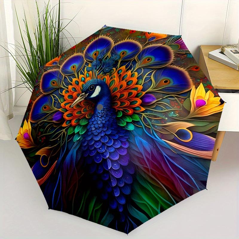 An Umbrella Featuring a Peacock Design with Colorful Feathers And Floral Motifs - It Has 8 Ribs, a Plastic Handle, And Opens And Closes Auto
An Umbrella Featuring a Peacock Design with Colorful Feathers And Floral Motifs - It Has 8 Ribs, a Plastic Handle, And Opens And Closes Auto