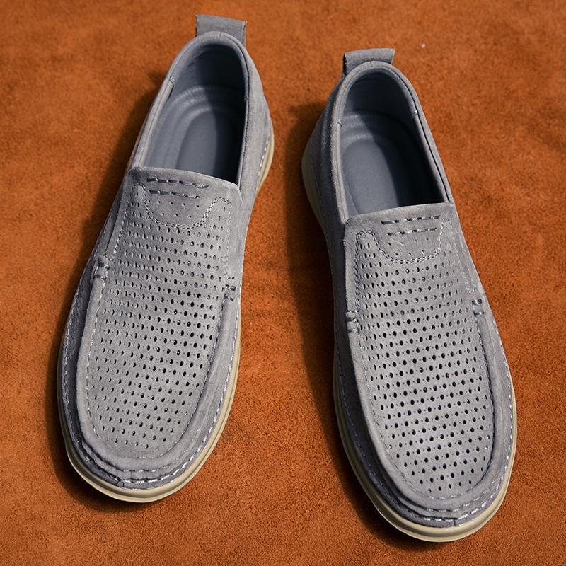 Модные летние перфорированные замшевые мужские лоферы, модные дышащие мокасины ручной работы с перфорацией, из мягкой кожи, слипоны, мужская обувь 44 серый