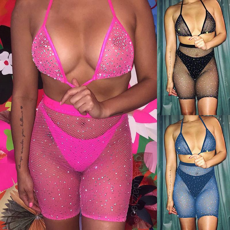 Buy NIBESSER Women Sexy Rhinestone Bikini Set Mesh Halter Bra Fishnet