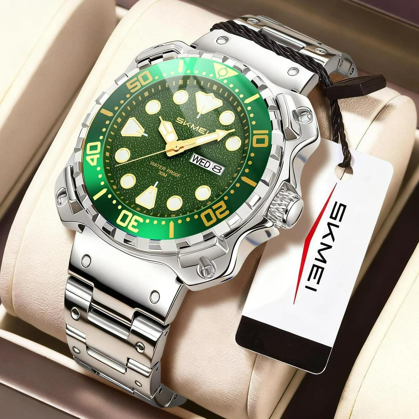 SKMEI Men s Watch Gold Stainless Steel Band Green Dial Quartz Watch Date Week Function Stylish Sporty Wristwatch for Men
SKMEI Men s Watch Gold Stainless Steel Band Green Dial Quartz Watch Date Week Function Stylish Sporty Wristwatch for Men