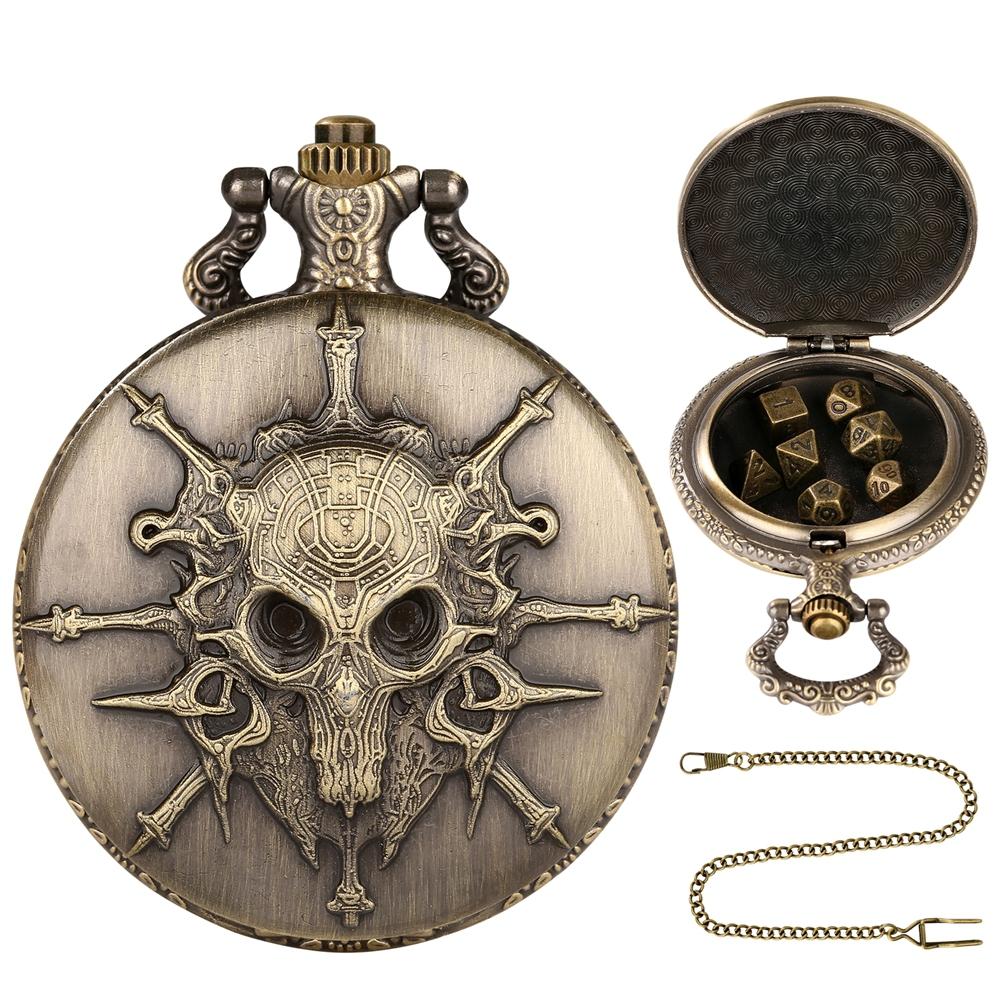 Antique Carved 3D Skull Designed Alloy Pocket Watch Case with 7pcs Metal Polyhedral Table Game Dice with 38cm Waist Chain Gifts
Antique Carved 3D Skull Designed Alloy Pocket Watch Case with 7pcs Metal Polyhedral Table Game Dice with 38cm Waist Chain Gifts