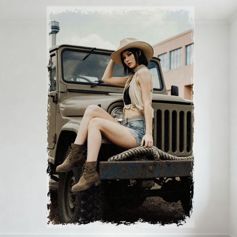 Sexy Woman Vintage Western Style Tin Sign, Light Brown Jeep, Cowboy Hat, Denim Shorts, Rustic Wall Decor for Bar Pub Home Cafe, 20x30cm(7.8x11.8inch)
Sexy Woman Vintage Western Style Tin Sign, Light Brown Jeep, Cowboy Hat, Denim Shorts, Rustic Wall Decor for Bar Pub Home Cafe, 20x30cm(7.8x11.8inch)