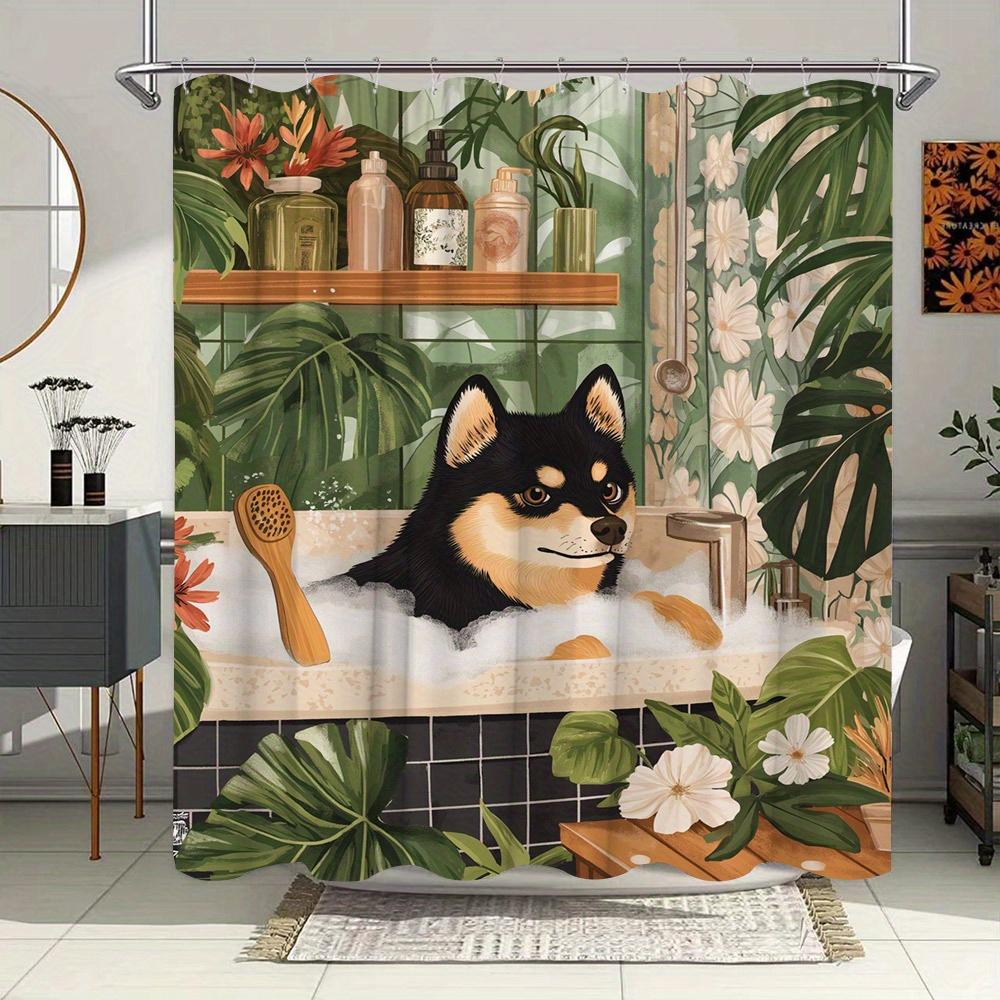 Cute dog in bathtub shower curtain - waterproof, mildew resistant with tropical leaves and flowers, creating a fun bathroom W90XH180cm
Cute dog in bathtub shower curtain - waterproof, mildew resistant with tropical leaves and flowers, creating a fun bathroom W90XH180cm