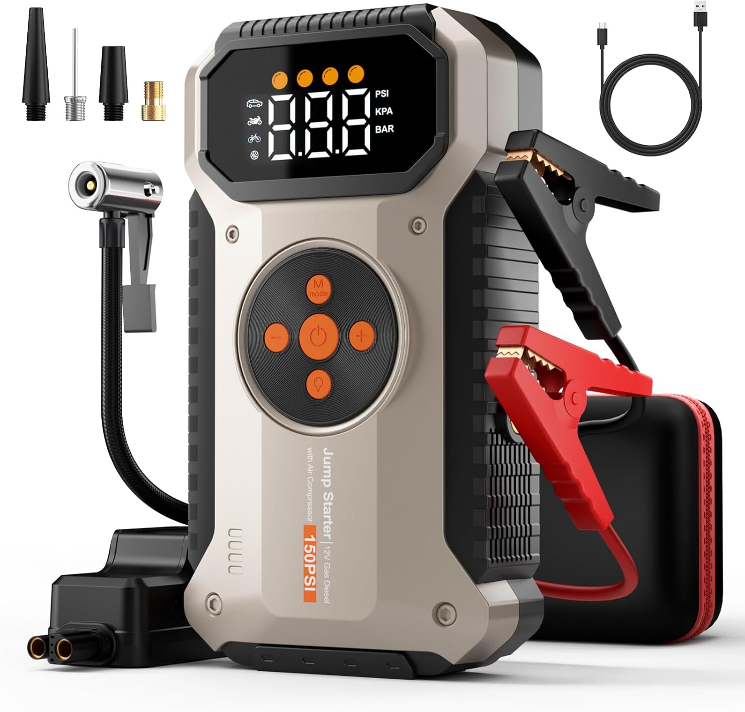 Portable 12V Jump Starter 5500A with Air Compressor, 150 PSI Tire Inflator for Gas/Diesel Cars
Portable 12V Jump Starter 5500A with Air Compressor, 150 PSI Tire Inflator for Gas/Diesel Cars