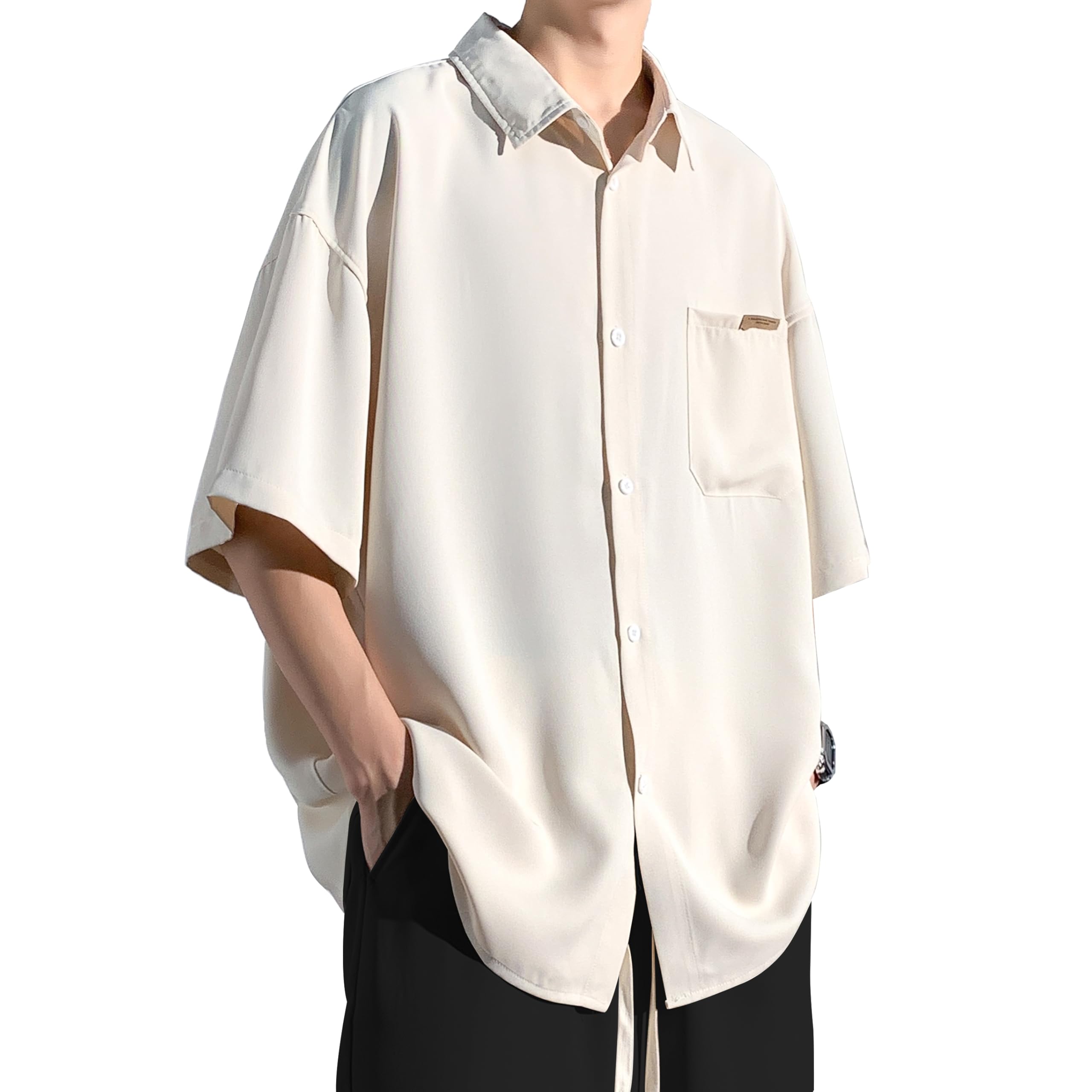 Metakey Летняя рубашка с коротким рукавом Плюс Свободная Ледяная Однотонная Прохладная и Стильная Мужская рубашка, Рукав, Рукав 3/4, Размеры, Посадка, Шелк, Прохладная, Стильная, Деловая, Повседневная, Простая,