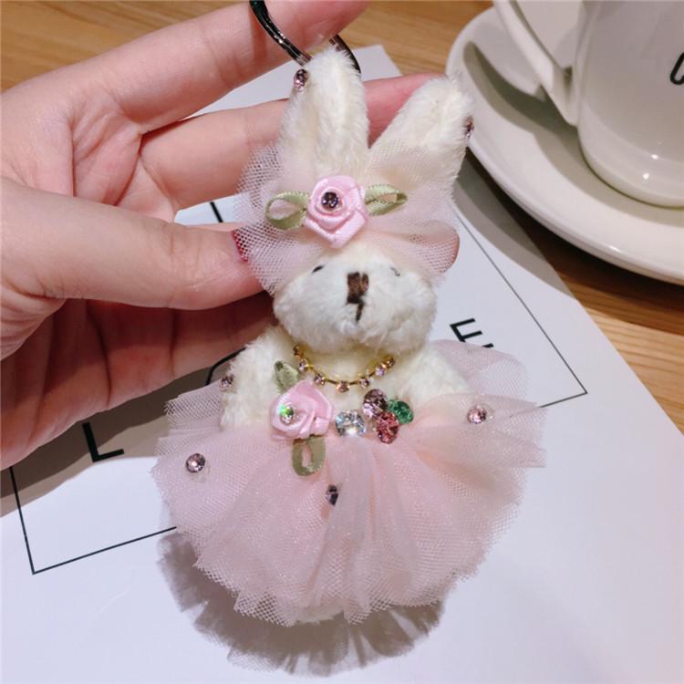 Очаровательный плюшевый брелок в виде кролика-медведя с бантом и цветком - милая подвеска на сумку в стиле свадебного платья розовый