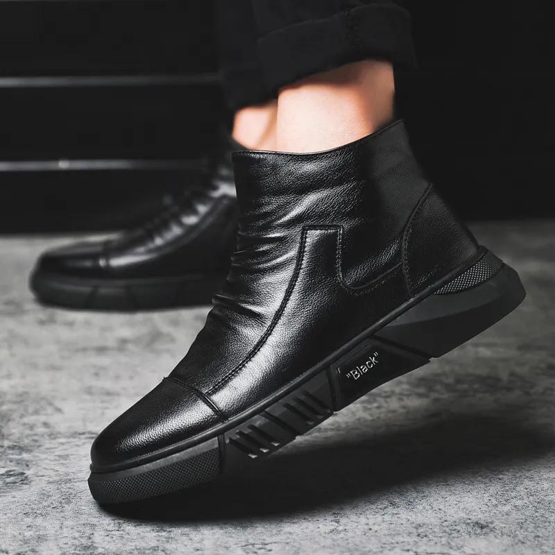 Мужские кожаные ботинки для снега, теплые универсальные хлопковые туфли, повседневные высокие кожаные туфли в британском стиле, тренд 2024 года 39 чёрный 
Мужские кожаные ботинки для снега, теплые универсальные хлопковые туфли, повседневные высокие кожаные туфли в британском стиле, тренд 2024 года 39 чёрный