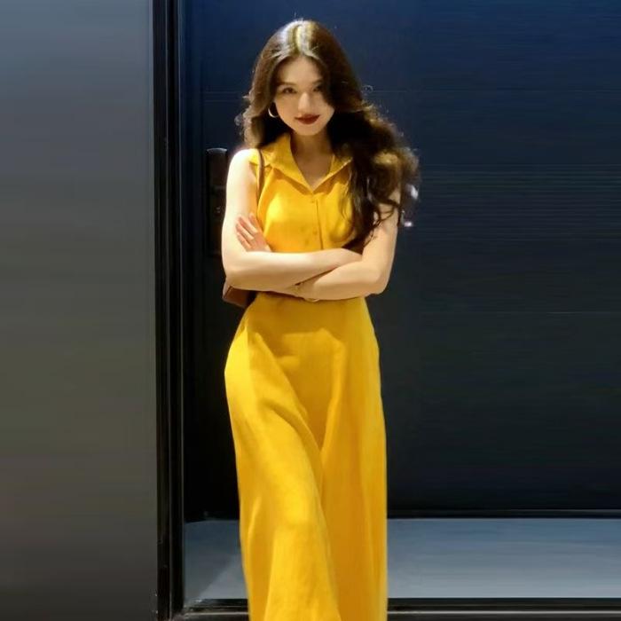 Summer French niche yellow lapel sleeveless shirt yellow dress fashion temperament waist dress S
Summer French niche yellow lapel sleeveless shirt yellow dress fashion temperament waist dress S