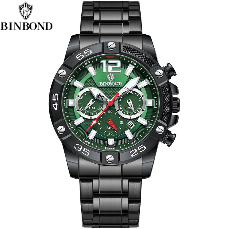 BINBOND Business Men Quartz Watches Sport Waterproof WristWatches Stainless steel Strap Chronograph Date Clock зелений/чорний
BINBOND Business Men Quartz Watches Sport Waterproof WristWatches Stainless steel Strap Chronograph Date Clock зелений/чорний