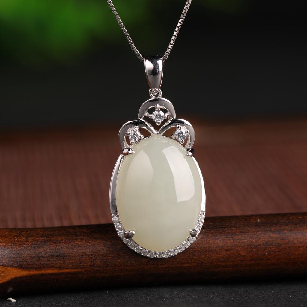 Certified Natural Hetian Jade Pendant Necklace with Large Cabochon in 925 Sterling Silver for Women 925 Sterling Silver
Certified Natural Hetian Jade Pendant Necklace with Large Cabochon in 925 Sterling Silver for Women 925 Sterling Silver