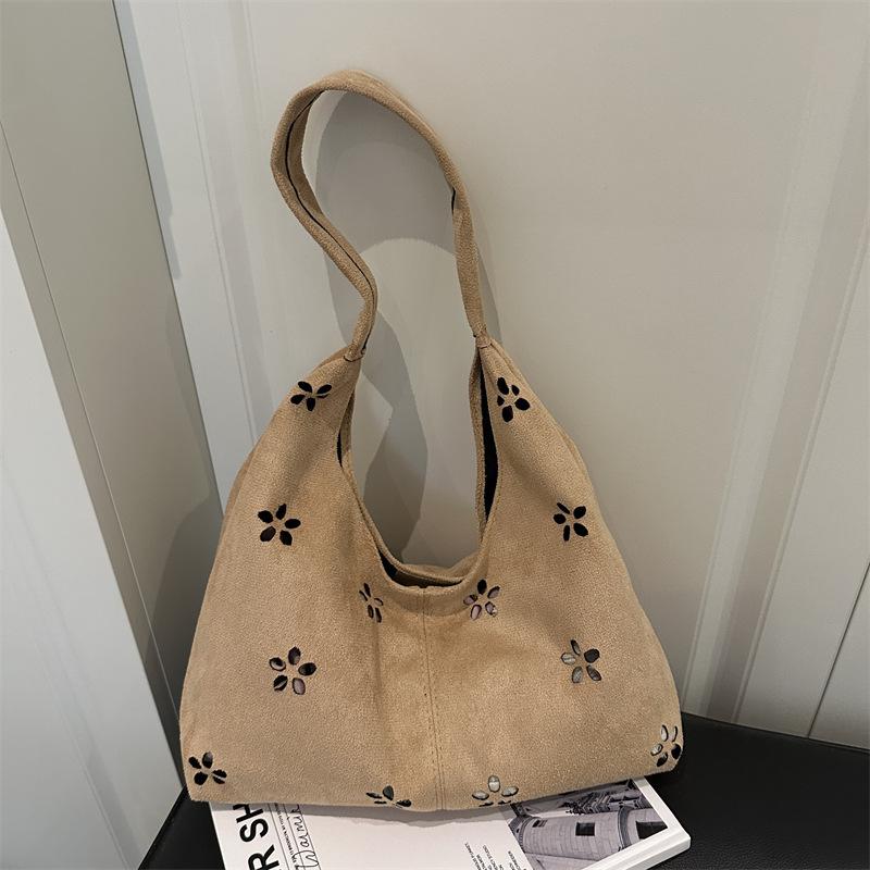 Вместительная сумка-мессенджер под мышкой, женская сумка, новая простая замшевая сумка-тоут с полым цветочным узором хаки