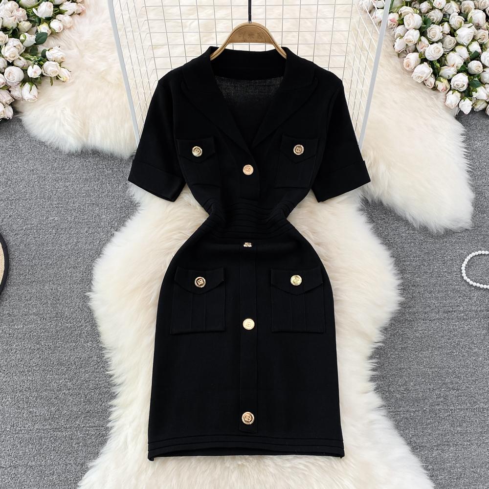 YYFS Женская мода лето весна однотонный принт короткий рукав поло воротник высокая талия повседневные платья One size чёрный