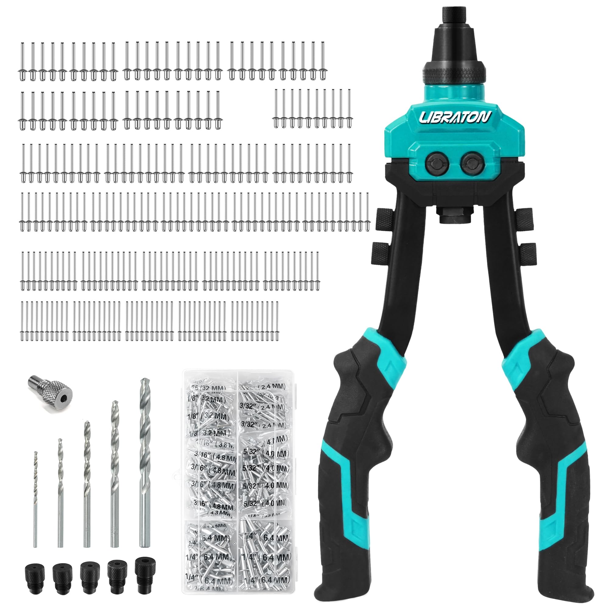 LIBRATON Hand Riveter Set with 250 Blind Rivets (2.4/3.2/4.0/4.8/6.4mm), 5 Nosepieces, and 5 HSS Drill Bits
LIBRATON Hand Riveter Set with 250 Blind Rivets (2.4/3.2/4.0/4.8/6.4mm), 5 Nosepieces, and 5 HSS Drill Bits