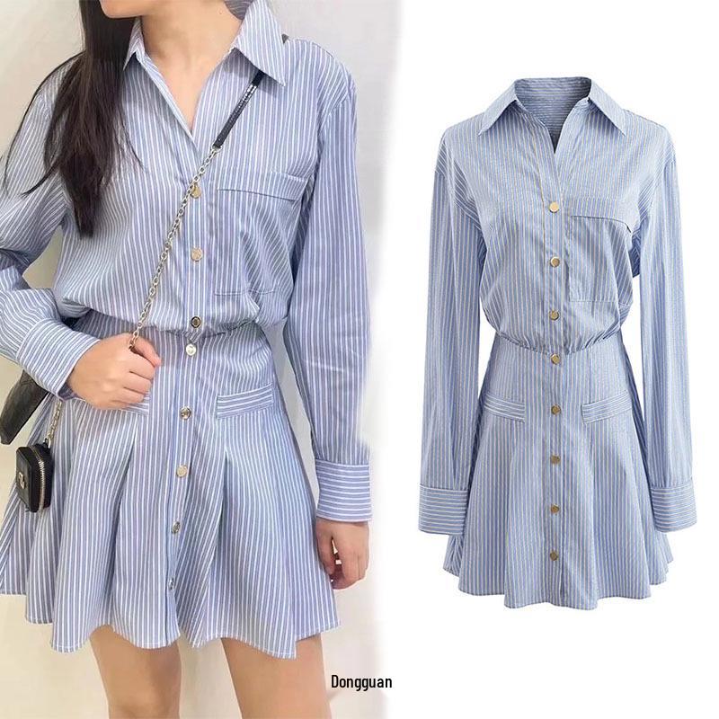French Niche Blue Vertical Striped Pleated Dress - Women s High Waist, Long Sleeve, Shirt Collar S
French Niche Blue Vertical Striped Pleated Dress - Women s High Waist, Long Sleeve, Shirt Collar S