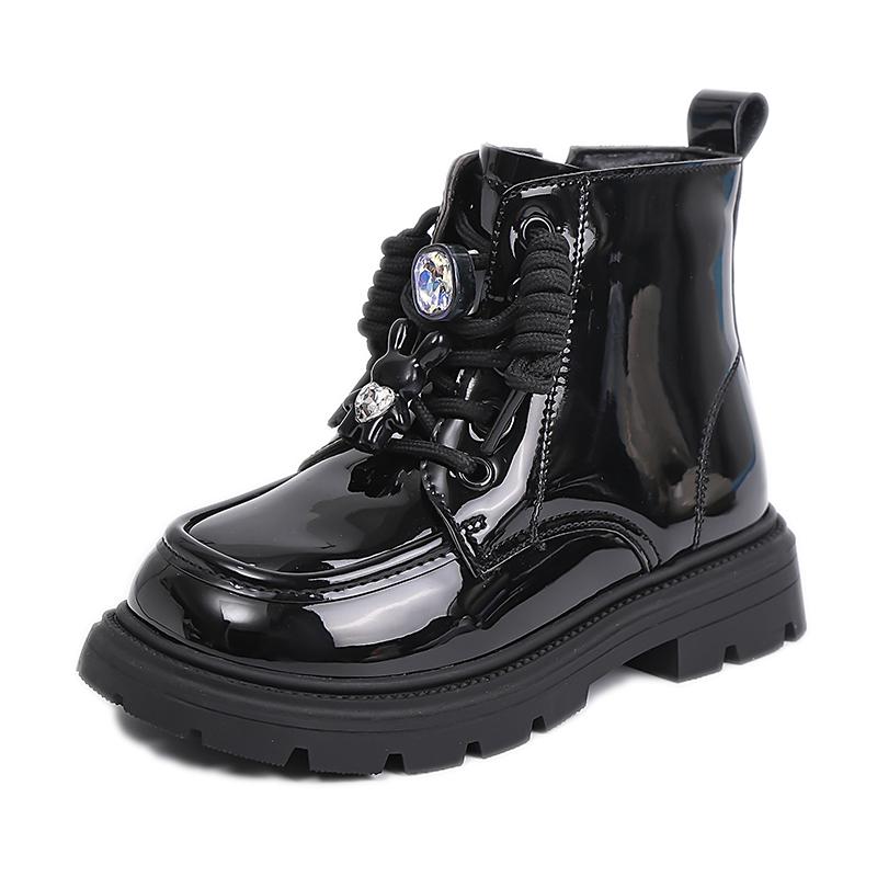 Роскошные зимние ботинки для девочки, милые ботильоны принцессы в детской моде с кроликом, толстая подошва, глянцевая ПУ, детские хлопковые ботинки, боковая молния 26 чёрный