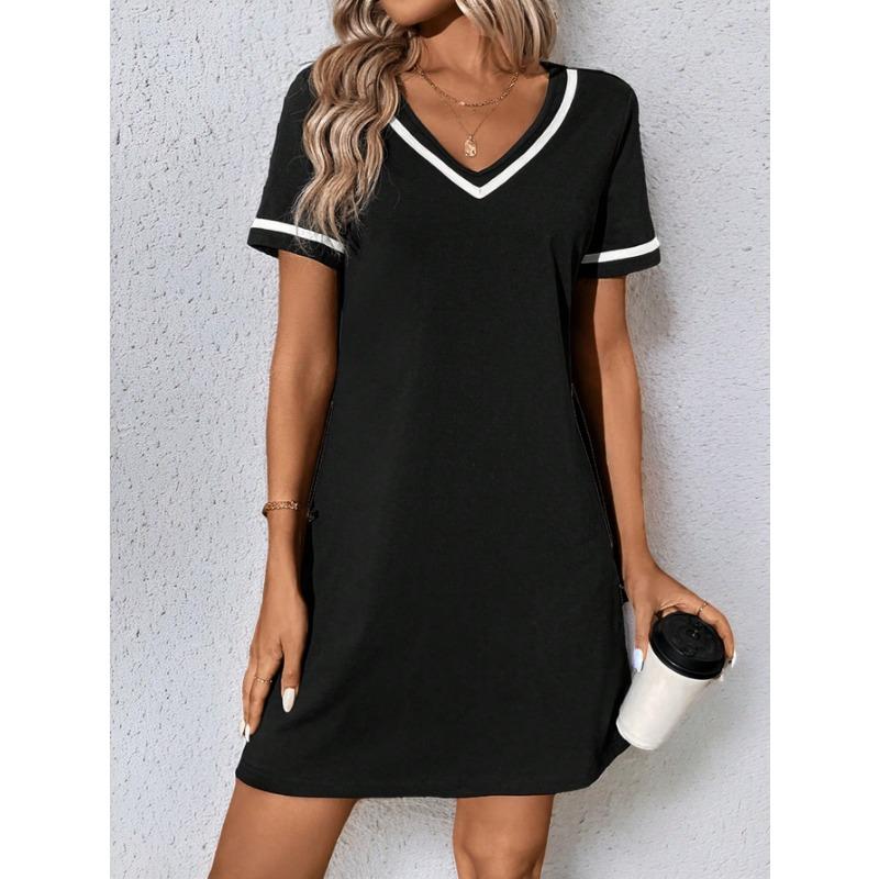 Black V-Neck Casual Sporty Dress With White Trim Short Sleeve A-Line Mini L
Black V-Neck Casual Sporty Dress With White Trim Short Sleeve A-Line Mini L