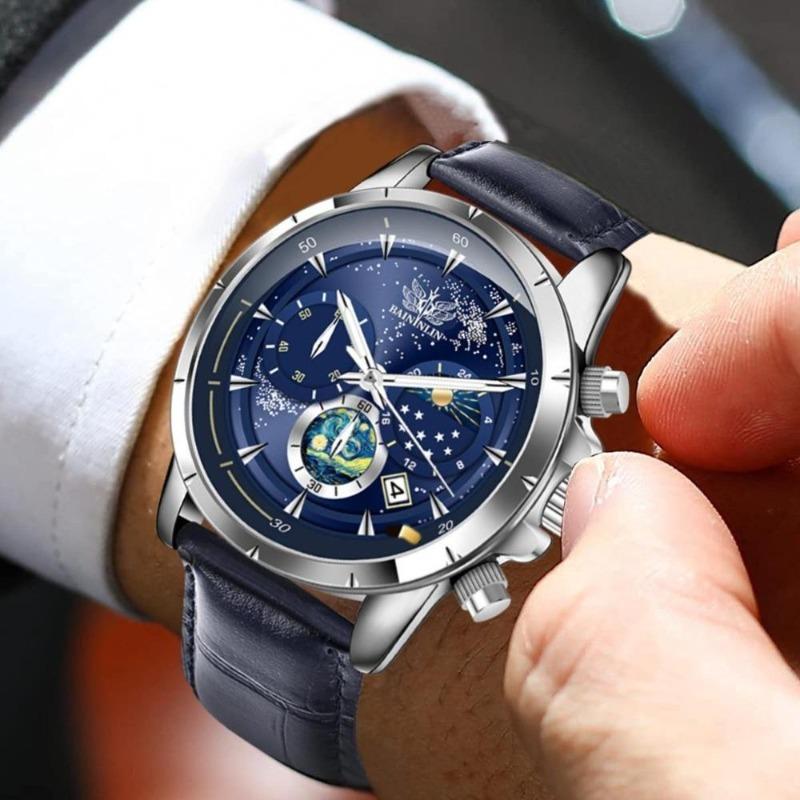 Мужские часы, мужские спортивные кварцевые часы, модные, водонепроницаемые кожаные часы с хронографом в деловом стиле
Мужские часы, мужские спортивные кварцевые часы, модные, водонепроницаемые кожаные часы с хронографом в деловом стиле