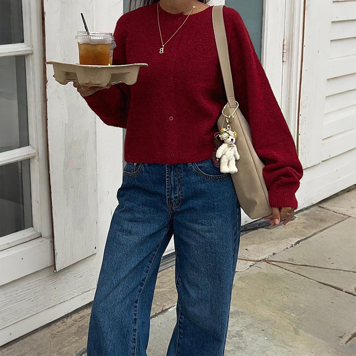 Повседневный Простой Стиль Жилет с Длинным Рукавом Шерсть Шерстяной Женский Осень Зима S красный