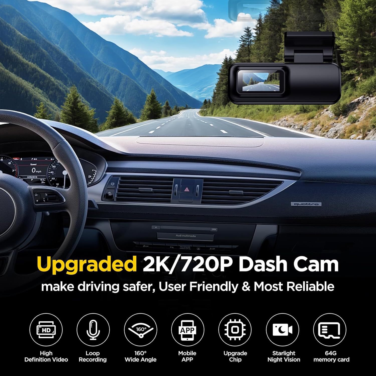 2K HD Car Camera with Night Vision, 160° Wide Angle, Wi-Fi APP Control, G-Sensor, 24H Parking Mode, 64GB Free Card United States
2K HD Car Camera with Night Vision, 160° Wide Angle, Wi-Fi APP Control, G-Sensor, 24H Parking Mode, 64GB Free Card United States