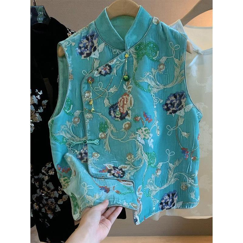 Бренд Скидка Прилавок Внешняя Торговля Женская одежда Ранняя Весна Высокий класс Новый Китайский Национальный Стиль Синий Жилет Жилет Топ Верхняя одежда Женский Blue vest L