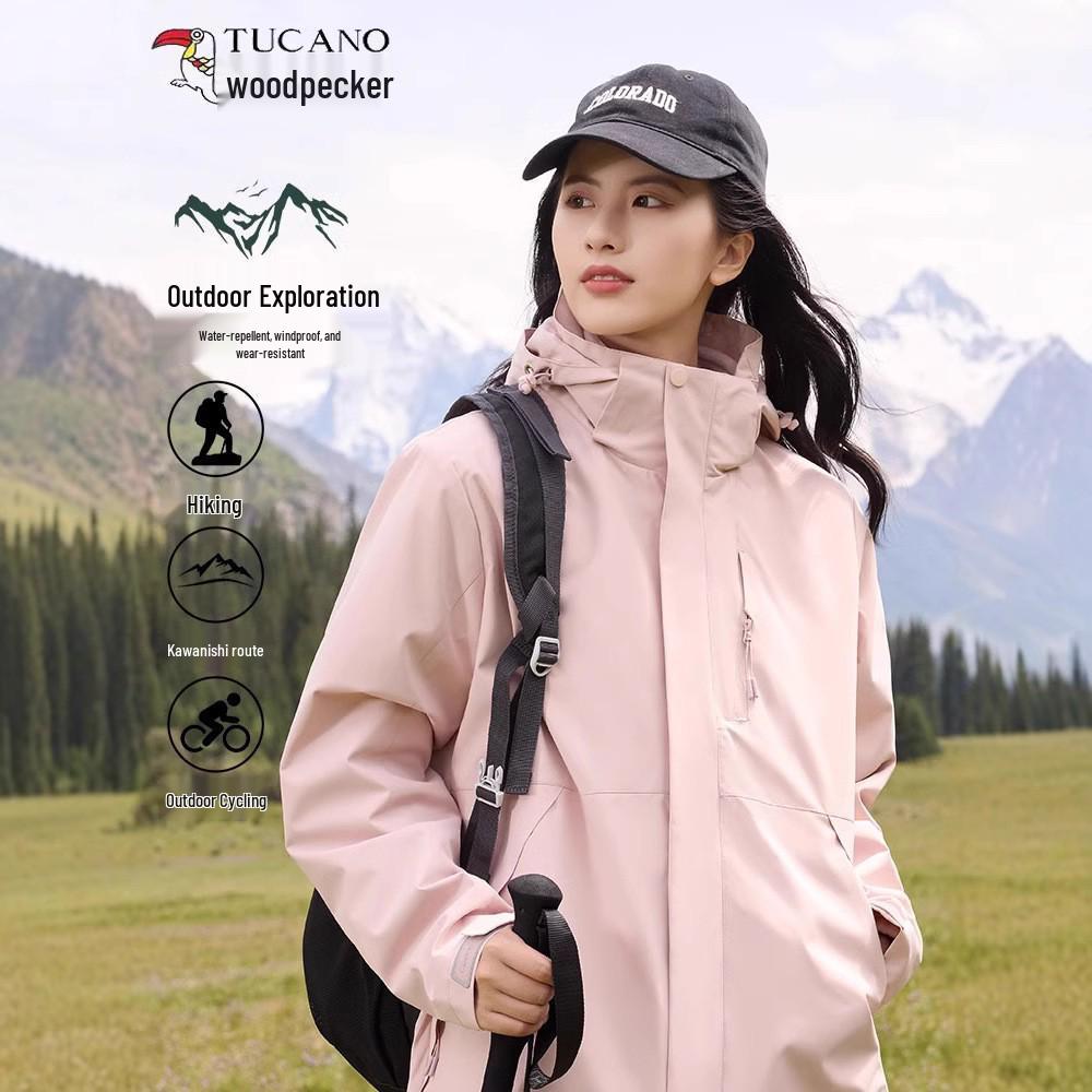 Женская розовая водонепроницаемая куртка 3-в-1 с флисовой подкладкой Woodpecker для осени/зимы 2024 - Идеально подходит для Тибета. XL