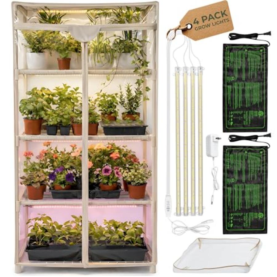 Indoor Greenhouse with Grow Light - 4 Tiers 27.2L x 19.3W x 54H in Green with 2 Heat Mats and 4 Dimmable 15W Full Spectrum LED бежевий
Indoor Greenhouse with Grow Light - 4 Tiers 27.2L x 19.3W x 54H in Green with 2 Heat Mats and 4 Dimmable 15W Full Spectrum LED бежевий