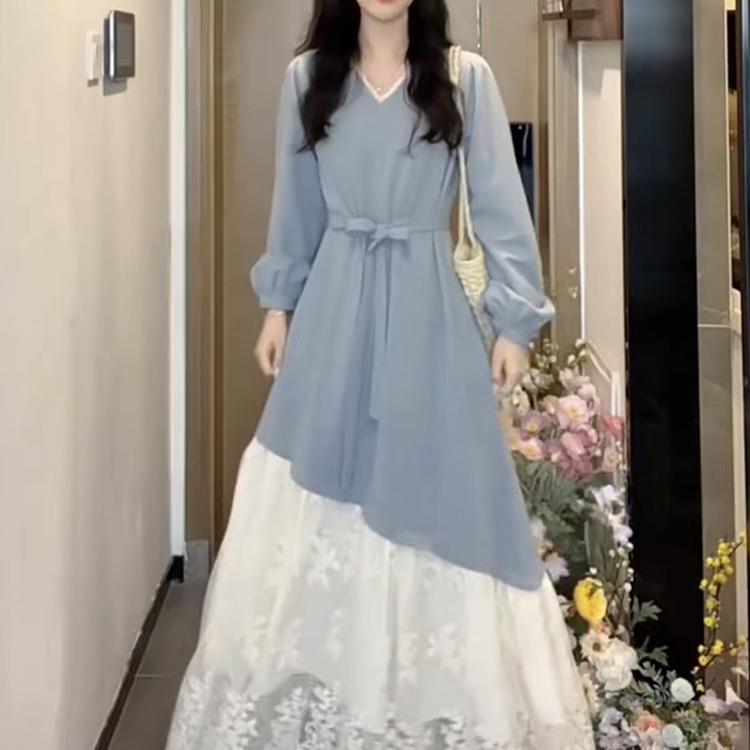 Французское платье пэчворк с кружевной отделкой по подолу, V-образным вырезом, длинными рукавами, завязкой на талии и асимметричной длинной юбкой, женское XL синий
Французское платье пэчворк с кружевной отделкой по подолу, V-образным вырезом, длинными рукавами, завязкой на талии и асимметричной длинной юбкой, женское XL синий