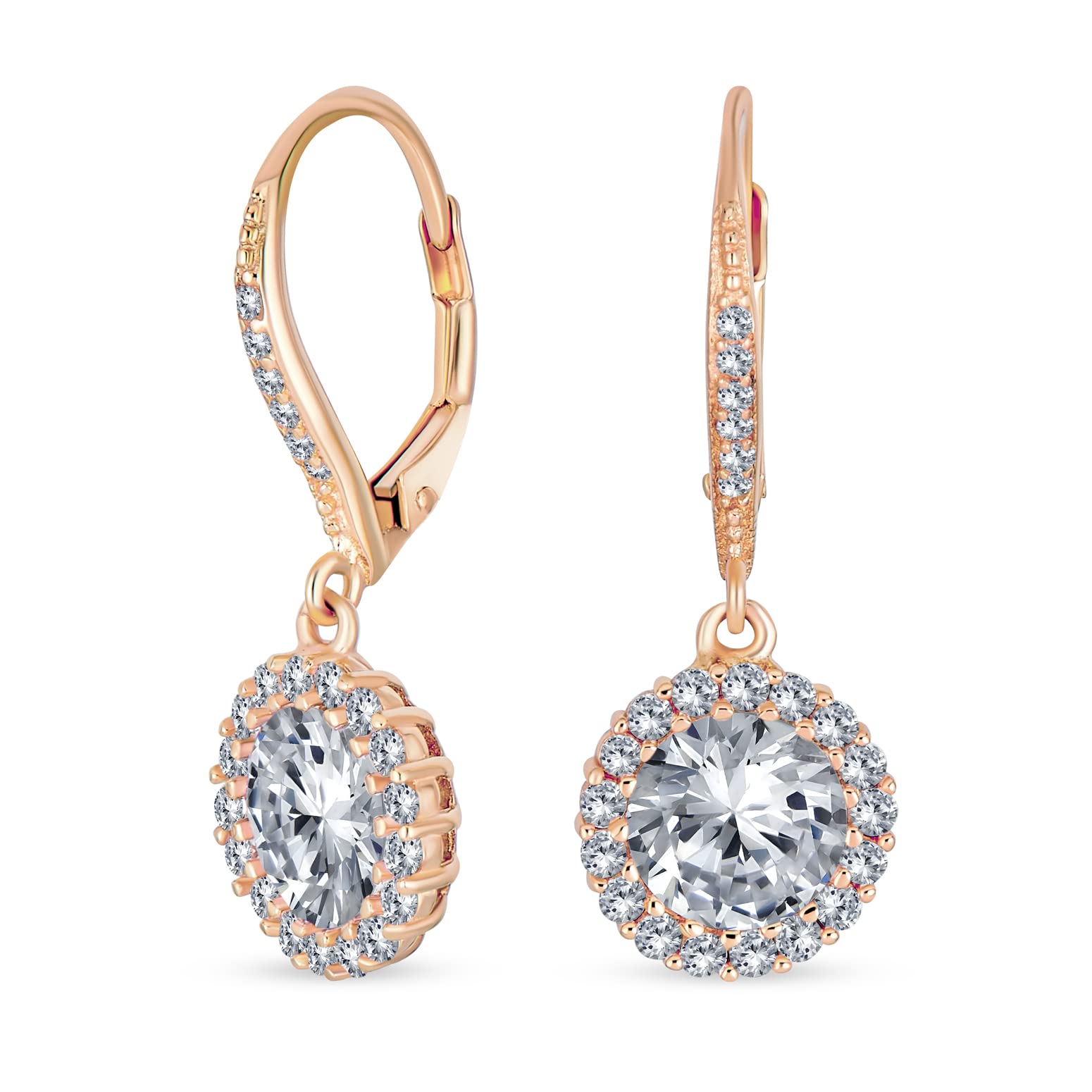 Round Solitaire Halo CZ Lever Back Dangle Earrings Cubic Zirconia Rose Gold Plated Sterling Silver 3.5CT .925
Round Solitaire Halo CZ Lever Back Dangle Earrings Cubic Zirconia Rose Gold Plated Sterling Silver 3.5CT .925