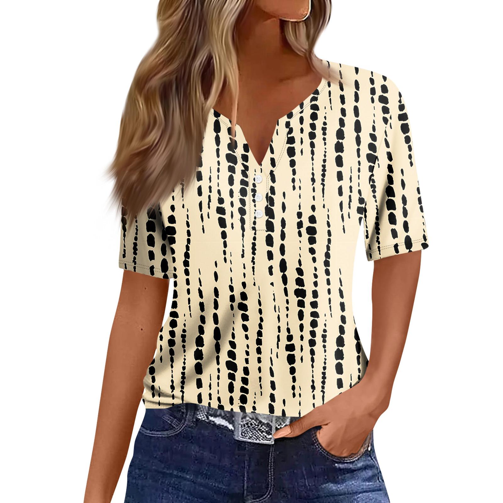 Женская повседневная футболка с короткими рукавами, V-образным вырезом и декоративными пуговицами L бежевый