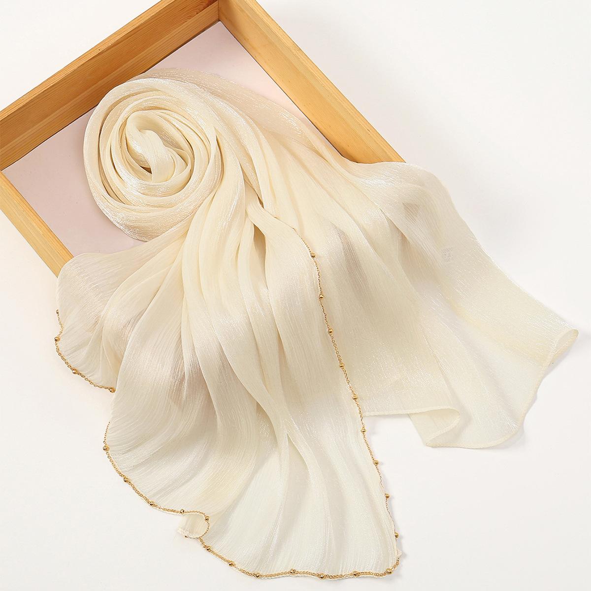 Light Luxury Pearl Gold Edge Chain Island Silk Long Scarf Women Headscarf Multi Color Versatile Summer Sun Shawl Scarf 180x75cm бежевый
Light Luxury Pearl Gold Edge Chain Island Silk Long Scarf Women Headscarf Multi Color Versatile Summer Sun Shawl Scarf 180x75cm бежевый