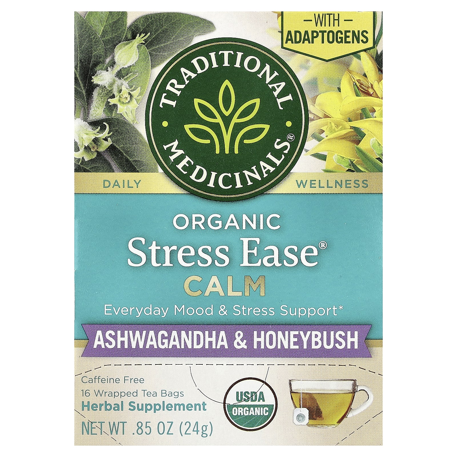 Traditional Medicinals, Organic Stress Ease® Calm, Ashwagandha & Honeybush, Caffeine Free, 16 Wrapped Tea Bags, 0.85 oz (24 g)
Traditional Medicinals, Organic Stress Ease® Calm, Ashwagandha & Honeybush, Caffeine Free, 16 Wrapped Tea Bags, 0.85 oz (24 g)