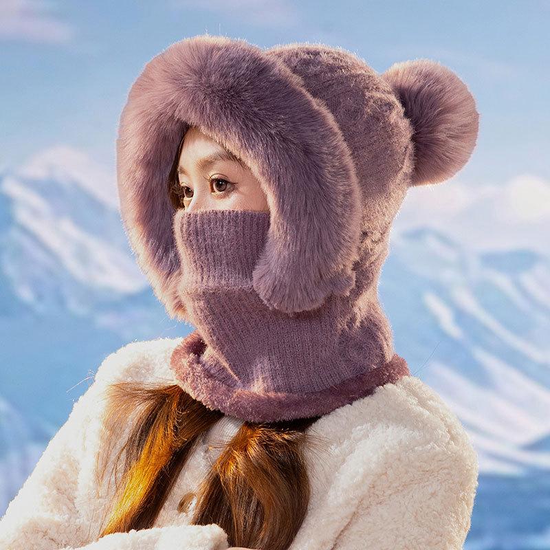 Женская флисовая шапка-бини из кашемира, меховая шапка, шарф, маска, шнурок, теплая зимняя шапка-балаклава с капюшоном, вязаная шапка one size фиолетовый