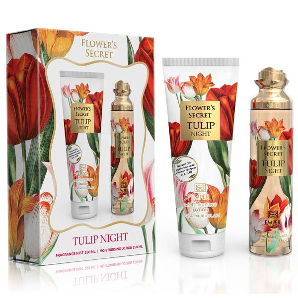 Flower S Secret Tulip Night - подарунковий набір для жінок (250 мл спрею для тіла + 250 мл лосьйону для тіла) 250 ML + 250 ML
Flower S Secret Tulip Night - подарунковий набір для жінок (250 мл спрею для тіла + 250 мл лосьйону для тіла) 250 ML + 250 ML