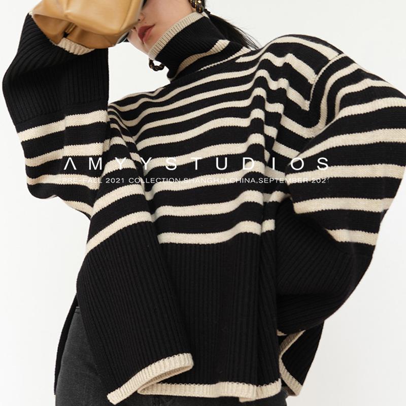 Полосатый свитер с высоким воротом, женский новый свободный модный свитер, трикотаж, пуловер, пальто 
Полосатый свитер с высоким воротом, женский новый свободный модный свитер, трикотаж, пуловер, пальто