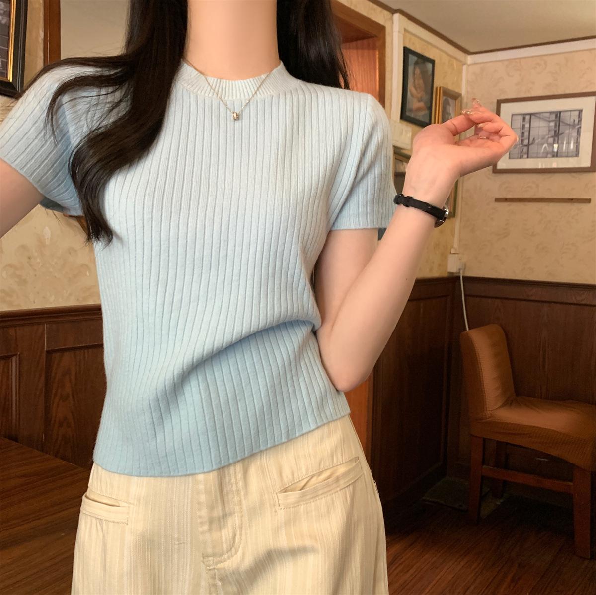 Белая короткая трикотажная футболка с коротким рукавом и коротким рукавом, женские летние топы с полосками внутри One Size светло-синий