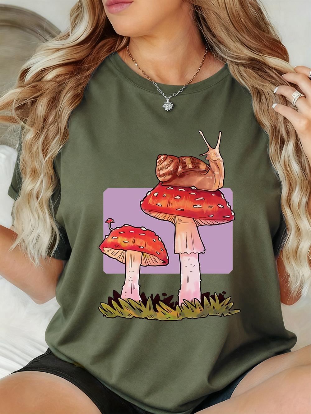 Snail Mushrooms Prints TShirts Women Summer ONeck Short Sleeve Tops Soft Loose T Shirts Basics Comfortable Womans Streetwear S
Snail Mushrooms Prints TShirts Women Summer ONeck Short Sleeve Tops Soft Loose T Shirts Basics Comfortable Womans Streetwear S