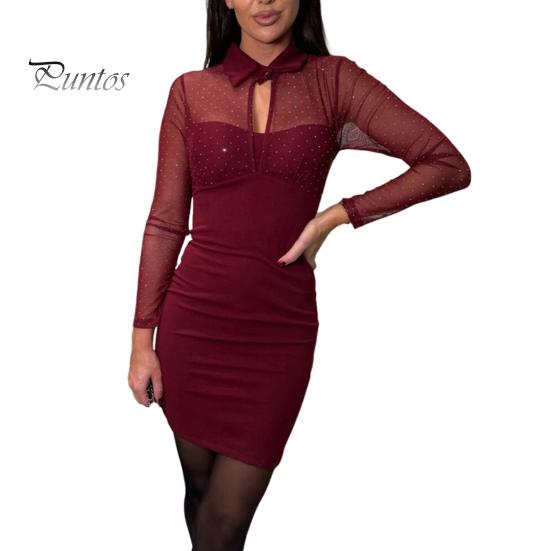 Женское платье с ажурной сеткой в стиле пэчворк, облегающее мини-платье из двух частей с отложным воротником, эластичное короткое платье для выпускного вечера в клубе S вино красного