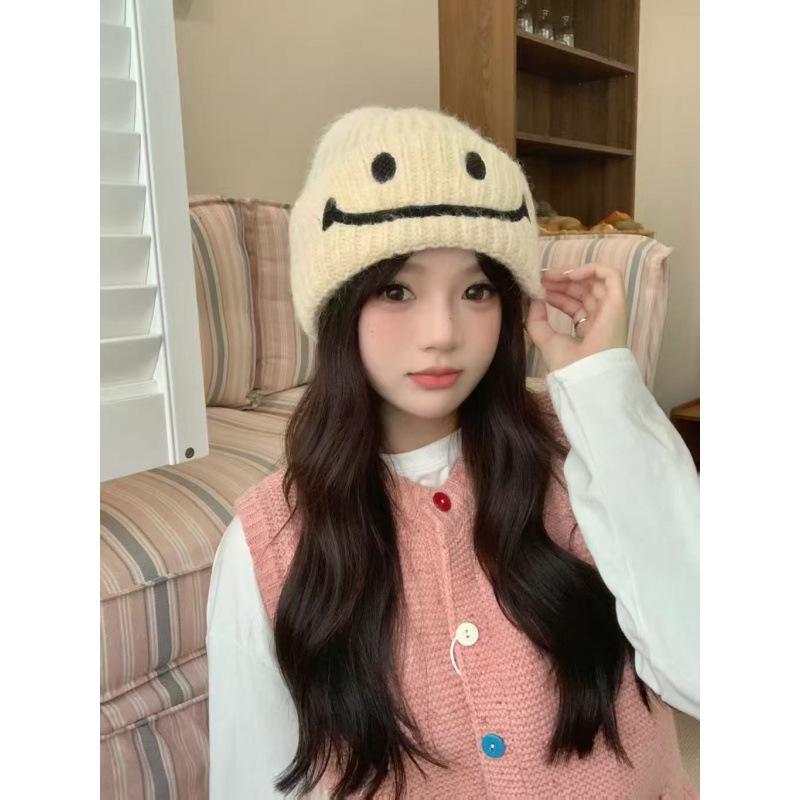 Женская вязаная шапка в корейском стиле со смайликом - Люрексная шерсть, Зимняя шапка на флисовой подкладке One Size
