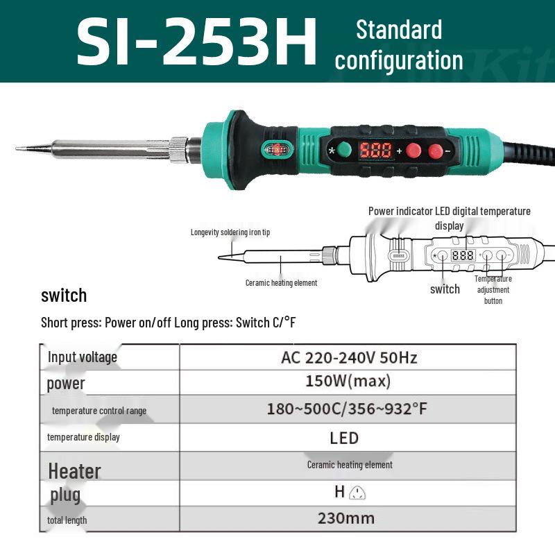 Pro sKit SI-253H 150W Electric Soldering Iron with Digital Display, Internal Heating, Adjustable, and Constant Temperature Features.
Pro sKit SI-253H 150W Electric Soldering Iron with Digital Display, Internal Heating, Adjustable, and Constant Temperature Features.