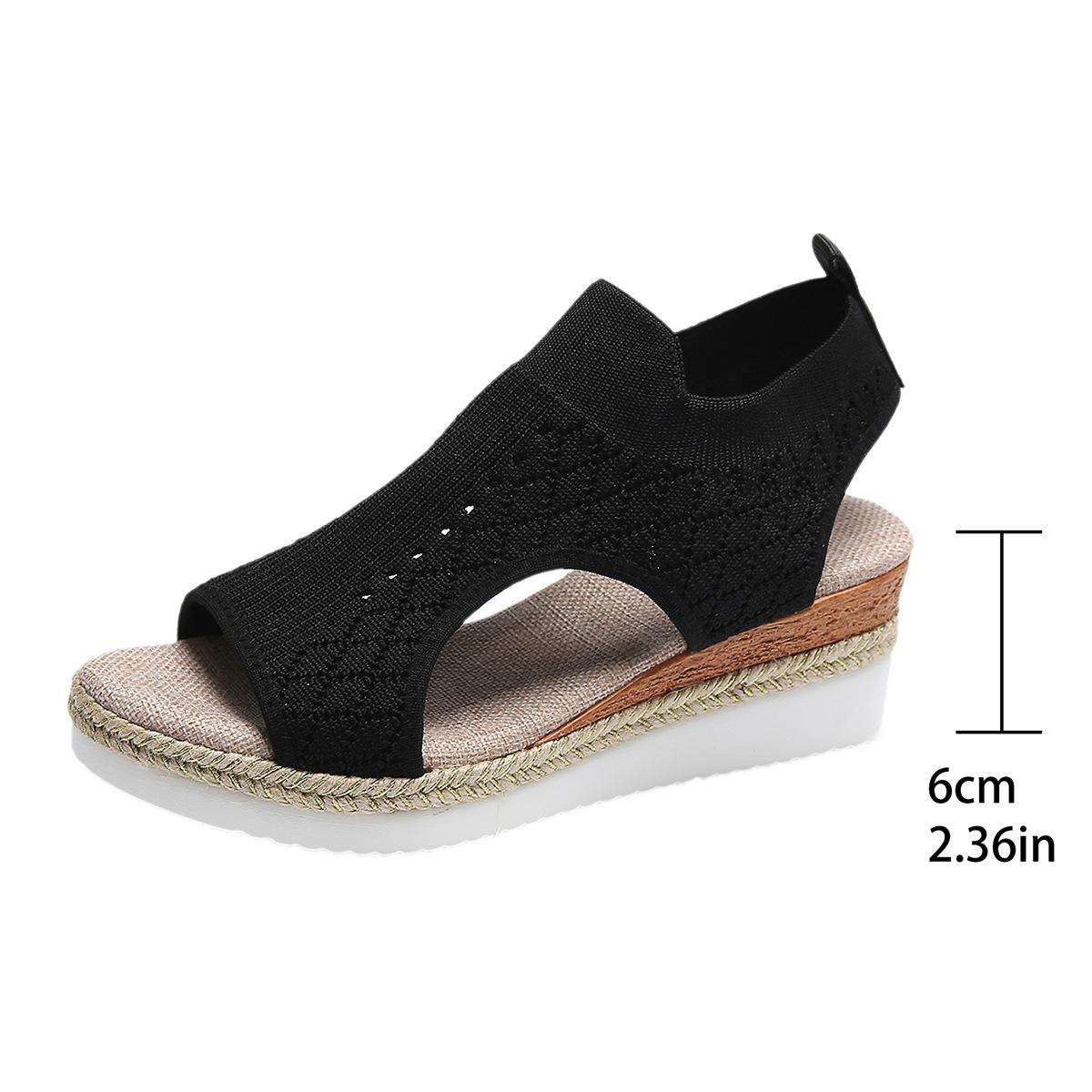 Весенние и летние новые сандалии с плетеным узором «рыбий рот», женские сетчатые дышащие босоножки на танкетке, большие размеры, популярные пляжные сандалии 36 чёрный